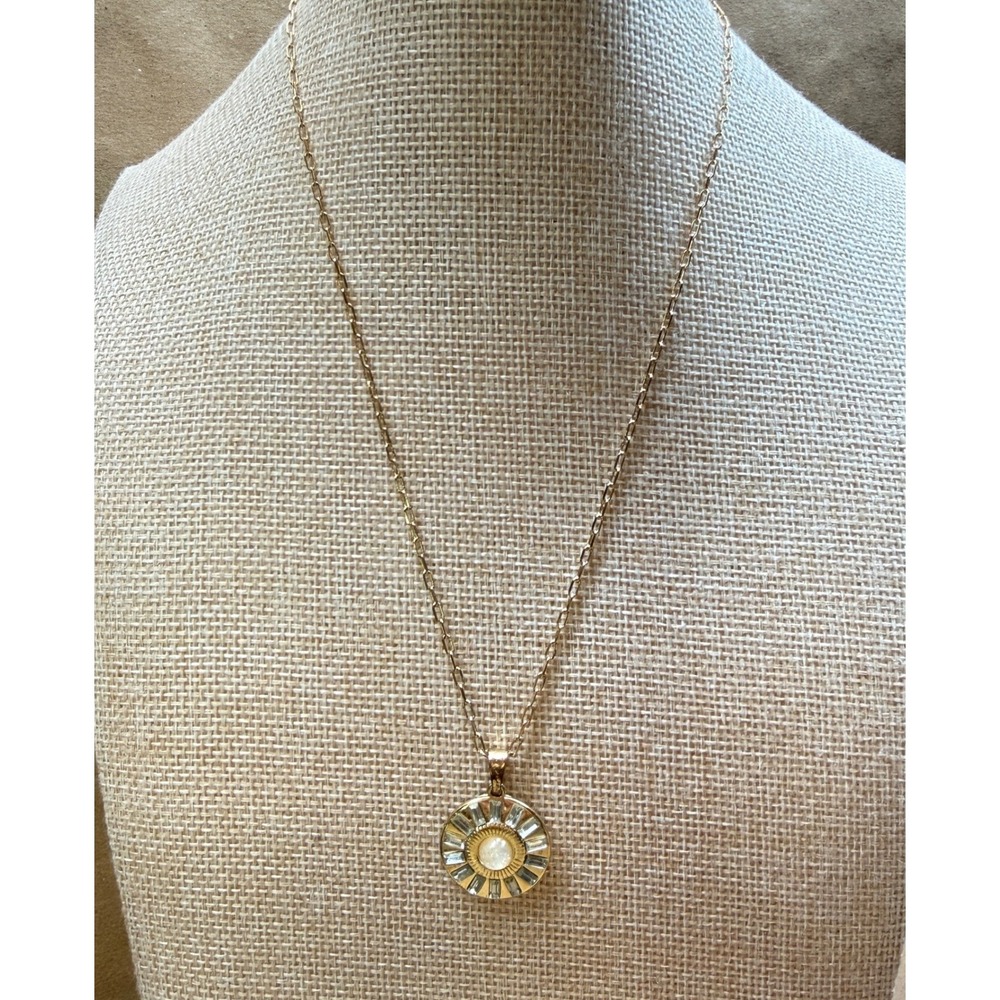 Plunder Design Gold Sunburst Pendant Necklace Faux Opal Baguette Crystal Logo P